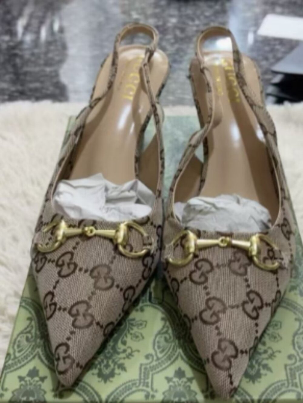 Gucci GG Canvas Horsebit Slingback Pumps
